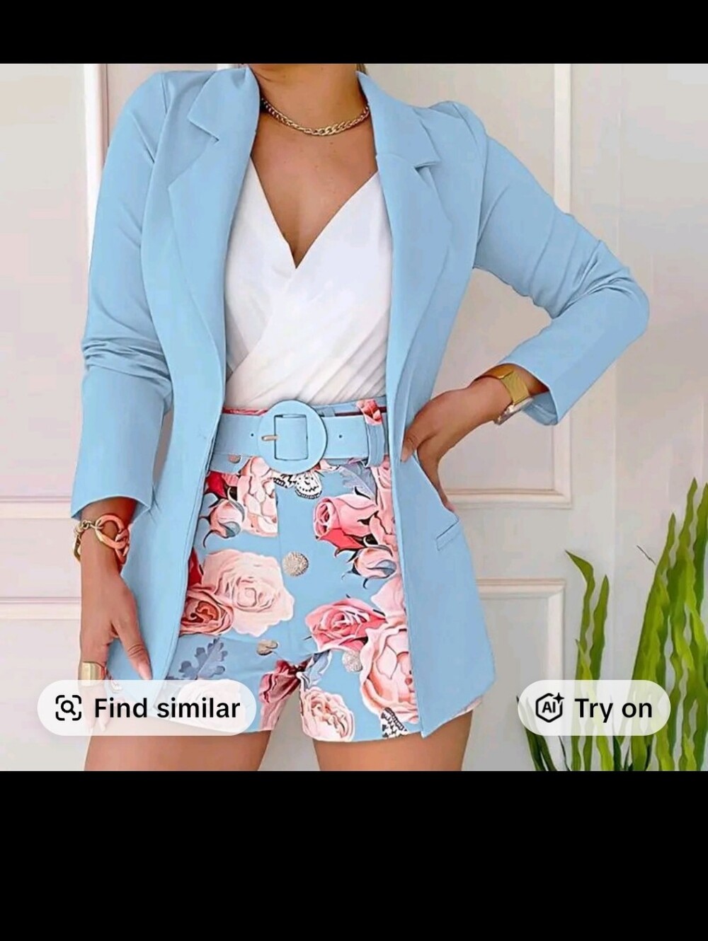 Light Blue Floral Belted shorts 3 peice set